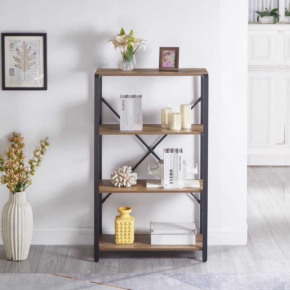 FOLUBAN 4 Tier Open Bookshelf, Vintage Free Standing Book Shelf, Rustic Wood and Metal Bookcase for Home Office, Oak FOLUBAN