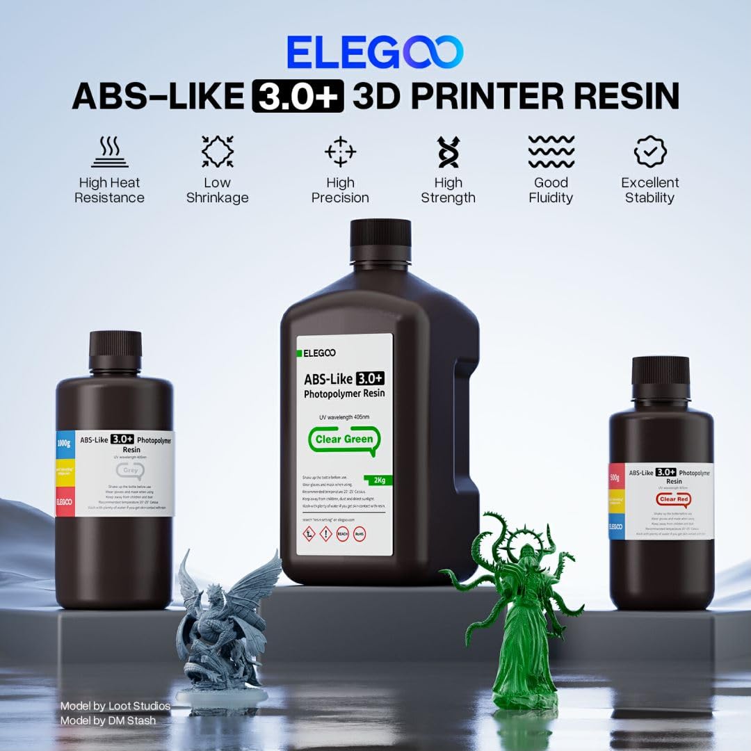 ELEGOO ABS-Like Resin 3.0+, Upgraded 3D Printer Photopolymer Resin, Higher Heat-Resistance Fast Curing High Precision Non-Brittle, Grey 1000g ELEGOO