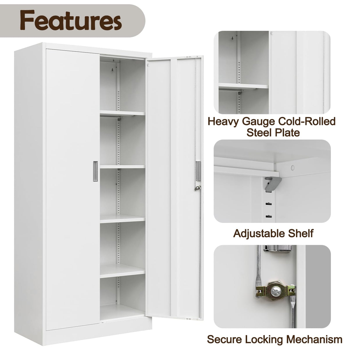 CJF Metal Storage Cabinets with Adjustable Shelves, Locking Storage Cabinet for Garage, Office, School - White CJF