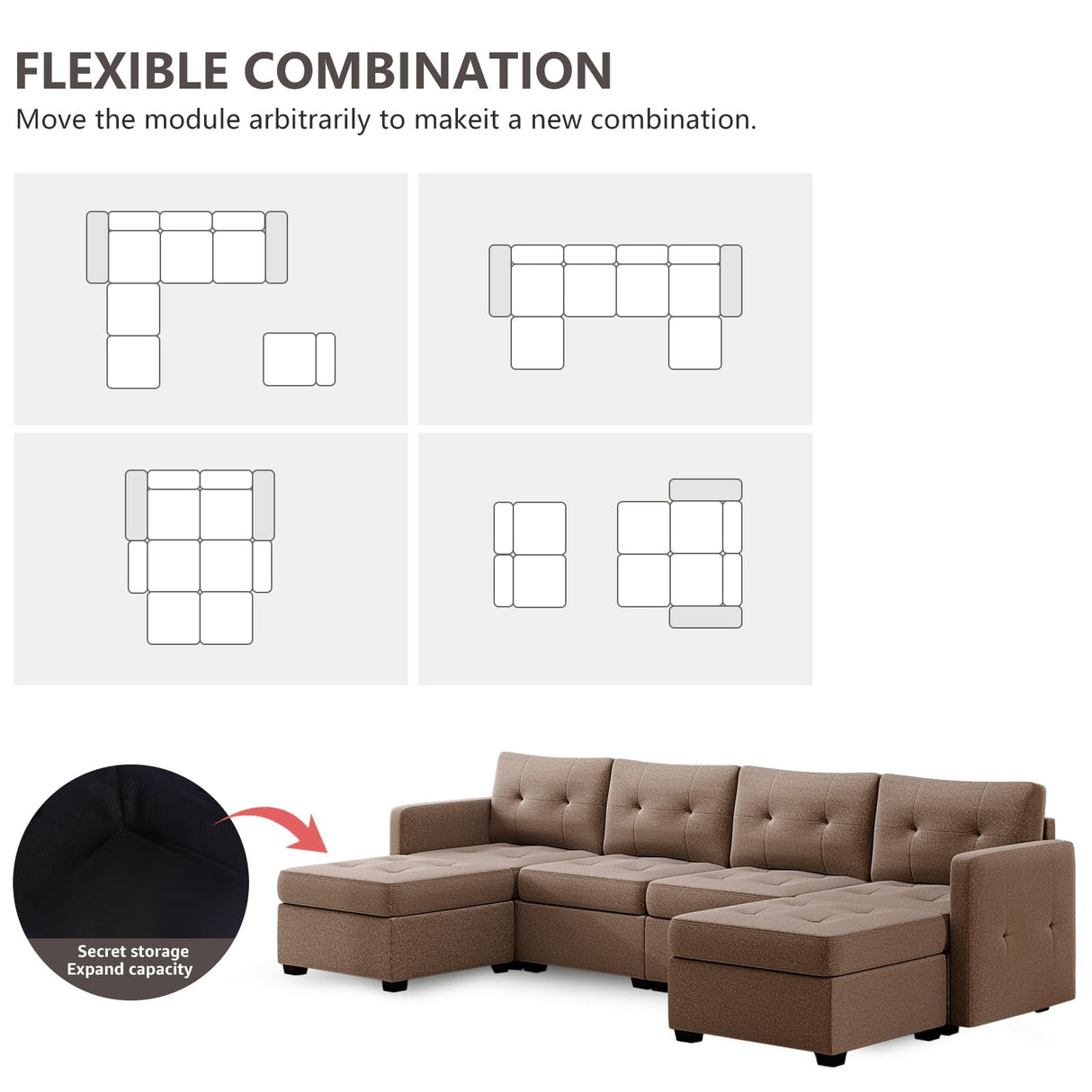 Wimarsbon Modular Sectional Fabric Sofa Set U Shaped Couch Reversible Chaise Modular Sectional Couch with Storage Ottoman, U Shaped Comfy Modular Sofa for Living Rome & Lounge (Brown) Wimarsbon