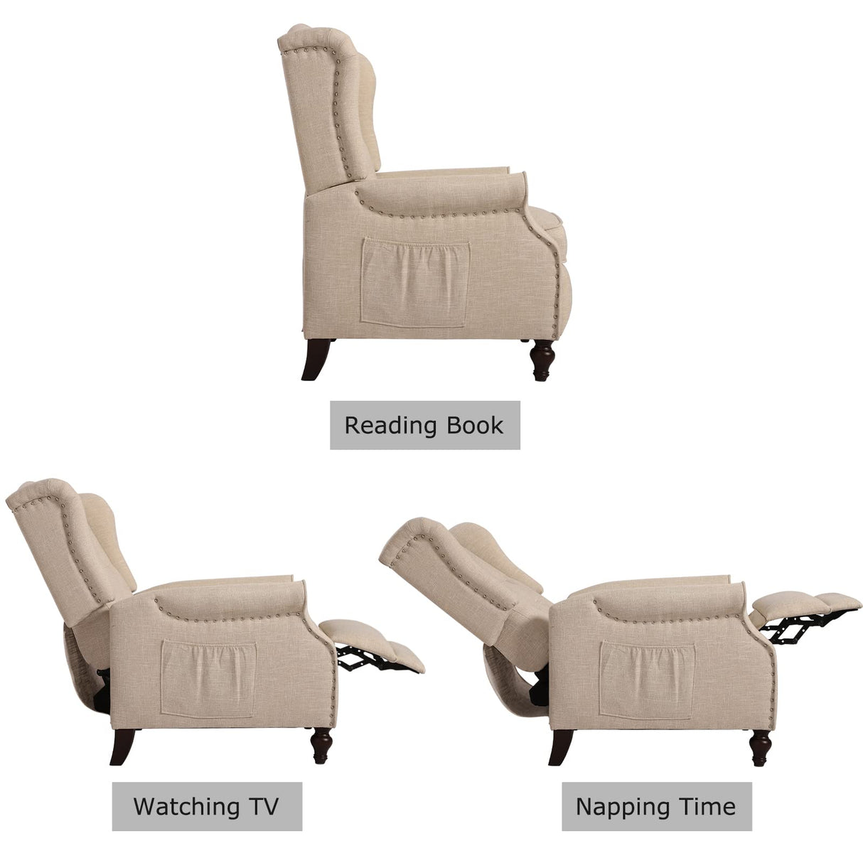 B BAIJIAWEI Set of 2 Recliner Wingback Chairs - Tufted Arm Chairs with Massage, Heat & Remote Control - Fabric Push Back Recliner with Heating Function, Adjustable Backrest (Beige) B BAIJIAWEI