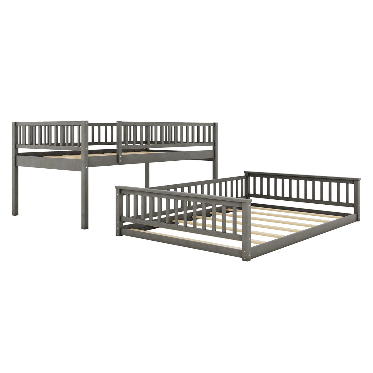 Merax Full XL Over Queen Floor Bunk Bed, Kids Bedroom Gray Wooden Bunk Bed Frame, Convertible to 2 Separated Beds with Trundle, Ladder & Guardrail for Teens, Wood Slat Support, Easy Assembly, Grey Merax
