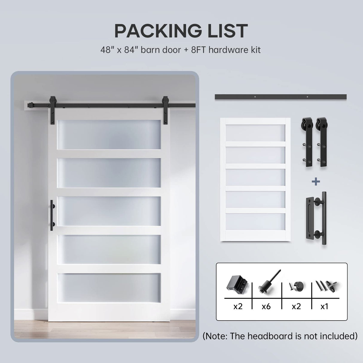 ROYMELO 48x84 Inch Glass Sliding Barn Door Slab and 8ft Hardware Kit Included, 5 Frosted Glass, LVL Wood Panel Covered with White Water-Proof Scratch-Proof PVC Surface, Simple DIY Assembly ROYMELO