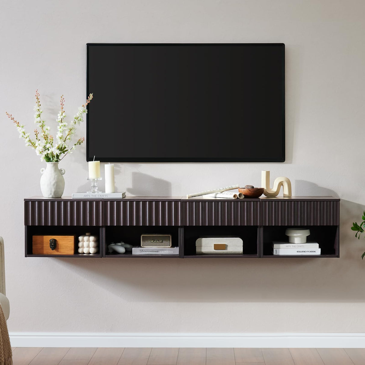 BuildHom Floating Nightstand with Fluted Drawer - Modern Wall Mounted Bedside Table with Open Storage Shelf, Small Night Stand TV Stand for Bedroom(Espresso) BuildHom