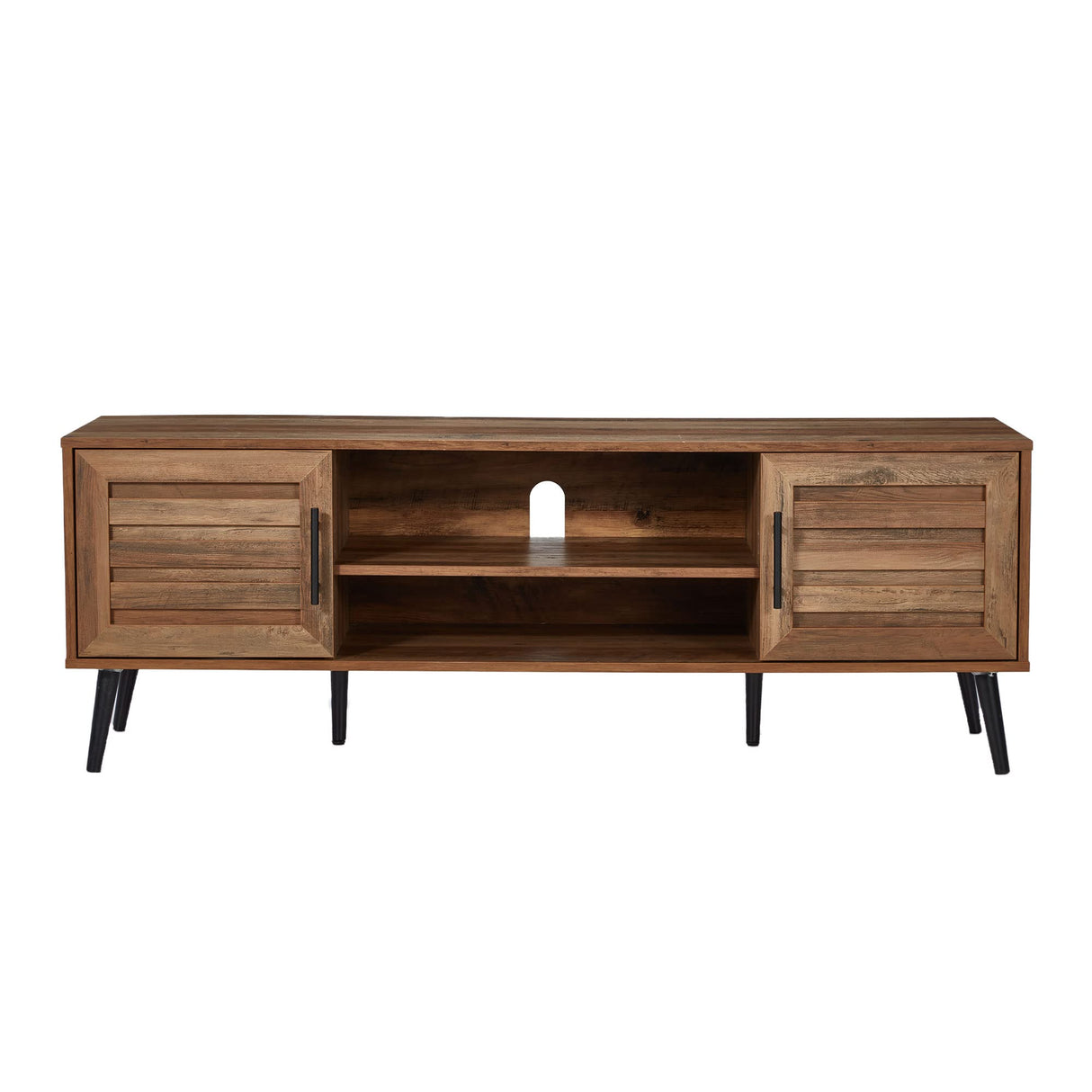 JOMEED Mid Century Modern Wooden TV Stand Entertainment Center Console with Open Shelving and 2 Cabinets for Televisions up to 65 Inches, Walnut JOMEED
