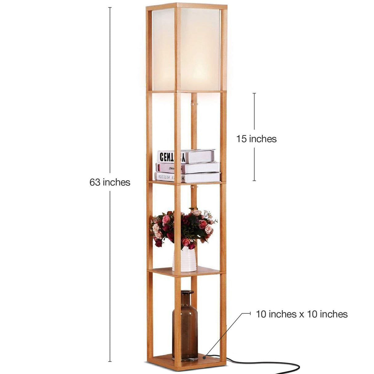 Brightech Maxwell - Modern Shelf Floor Lamp with Lamp Shade and LED Bulb - Corner Display Floor Lamps with Shelves for Living Room, Bedroom and Office - Natural Wood Brightech