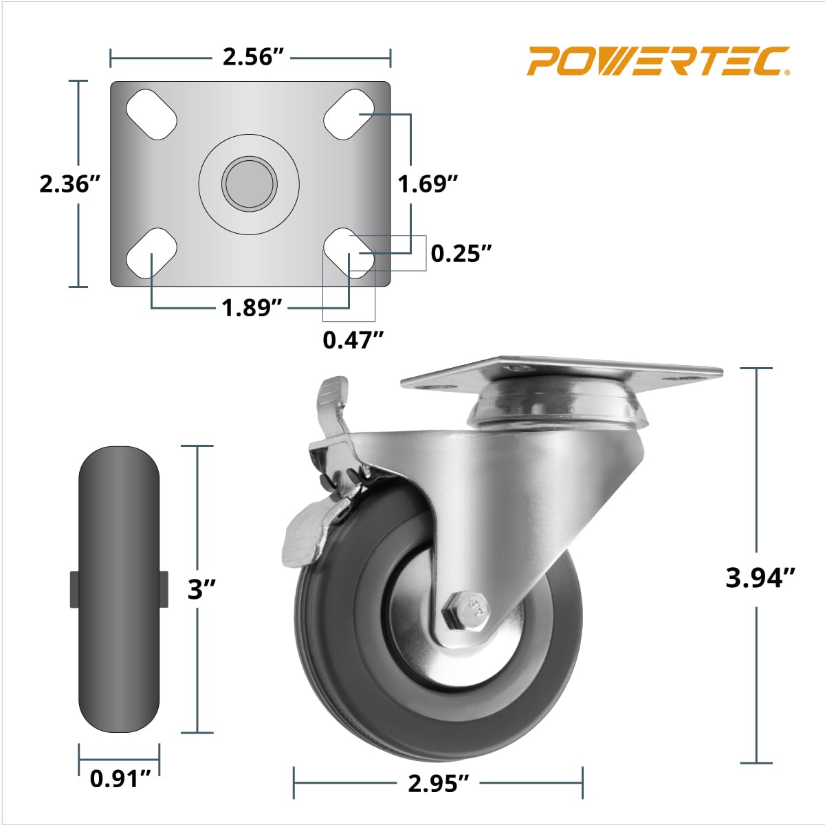 POWERTEC 3 Inch Swivel Caster Wheels Set of 4 with Brake & 640 lbs Loads, Heavy Duty Plate Casters, Dual Locking Rubber Castor Wheels for Furniture, Cart, Dolly and Workbenches (17023-P4V) POWERTEC