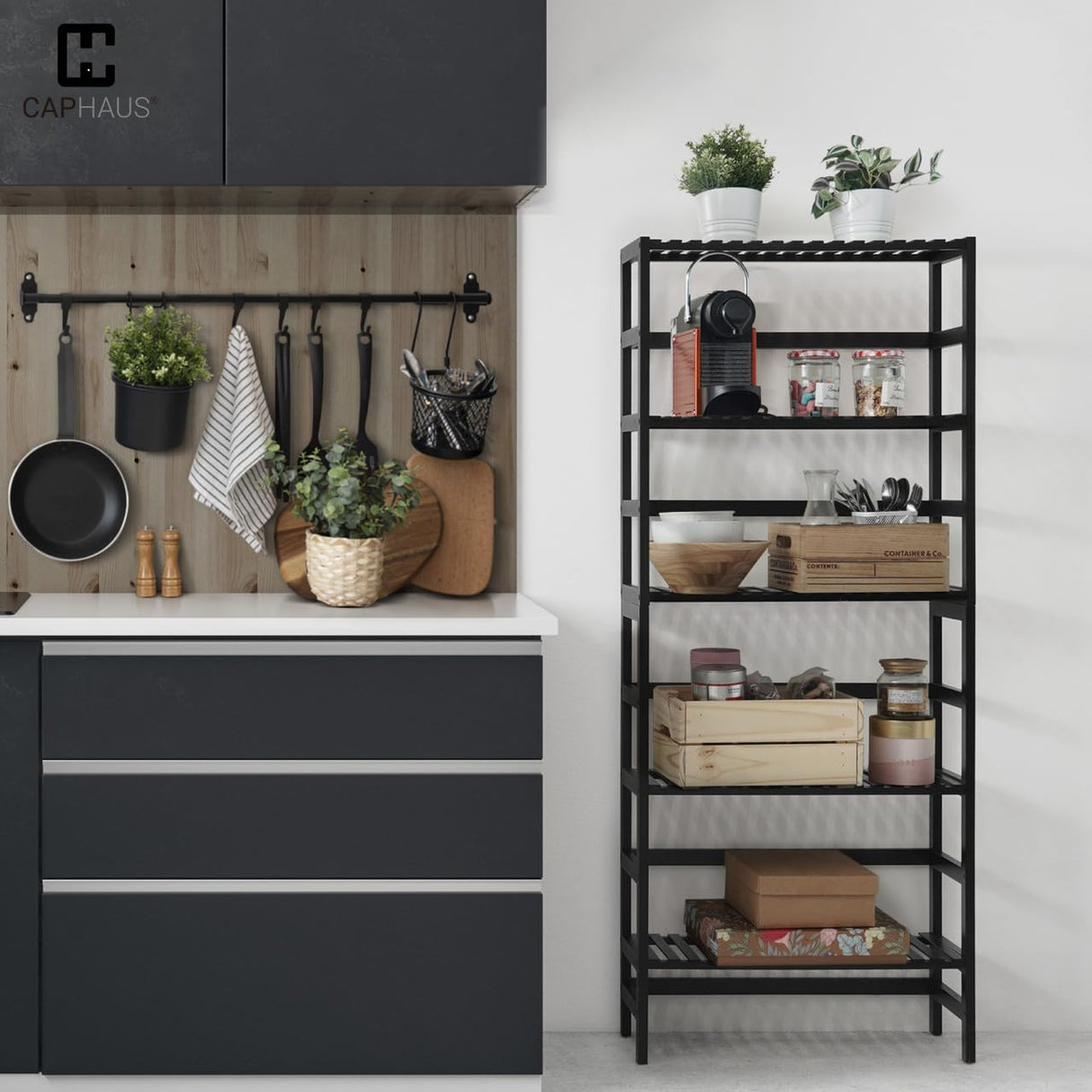 CAPHAUS 5-Tier Adjustable Bamboo Storage Shelf - Multifunctional Organiser for Home & Garden CAPHAUS