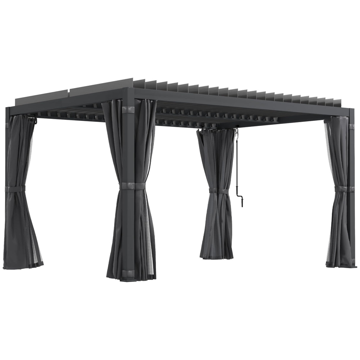Outsunny 10' x 13' Louvered Pergola Hardtop Gazebo with Adjustable Aluminum Roof and Frame, Outdoor Pergola with Curtains and Netting, for Garden, Lawn, Backyard, and Deck, Dark Gray Outsunny