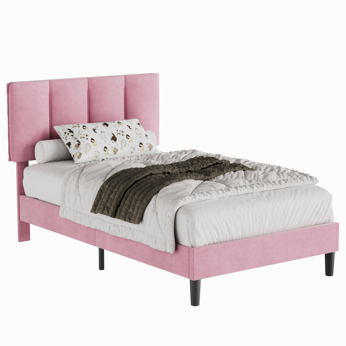 VECELO Twin Bed Frame with Upholstered Headboard, Heavy-Duty Platform Bedframe with Strong Wooden Slats Support, No Boxing Spring Needed, Pink VECELO
