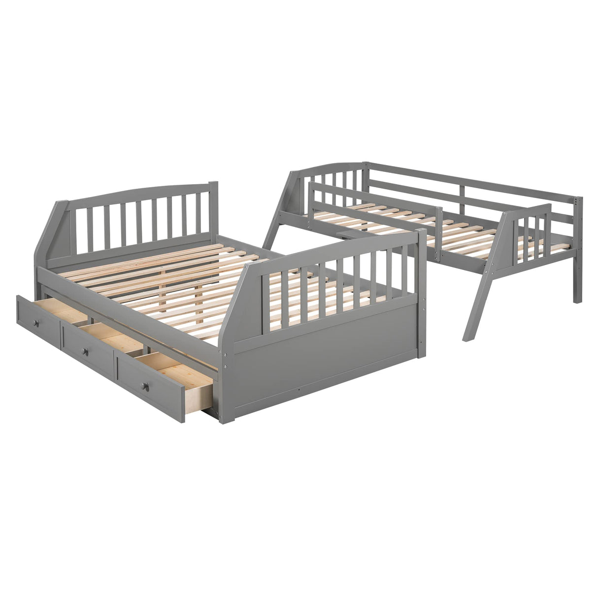 MeraxTwin Over Full Bunk Bed with Drawers,Ladder and Storage Staircase, Gray Wood Bed Frame, No Box Spring Need Merax