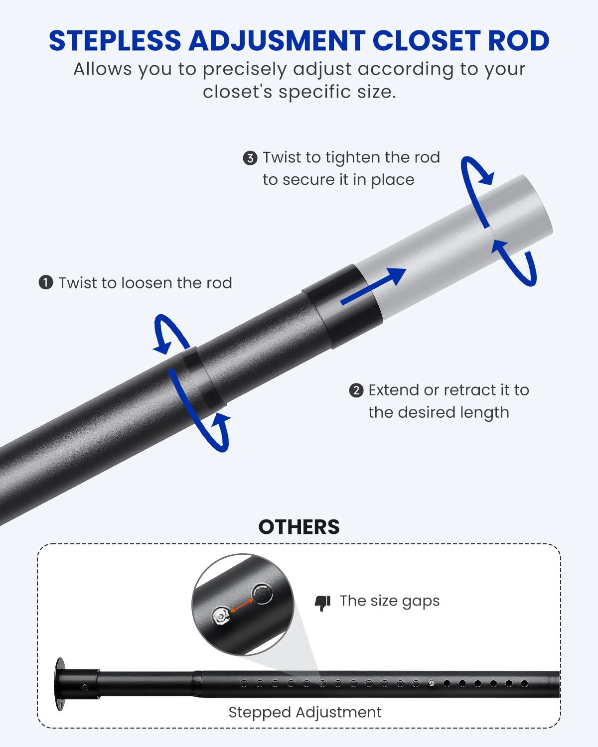 Closet Rods for Hanging Clothes, 17 to 84 Inches Stepless Adjustable Metal Closet Rod, 1.3 Inches Heavy Duty Clothes Hanging Rod for Closet Wardrobes Laundry RV Supforce