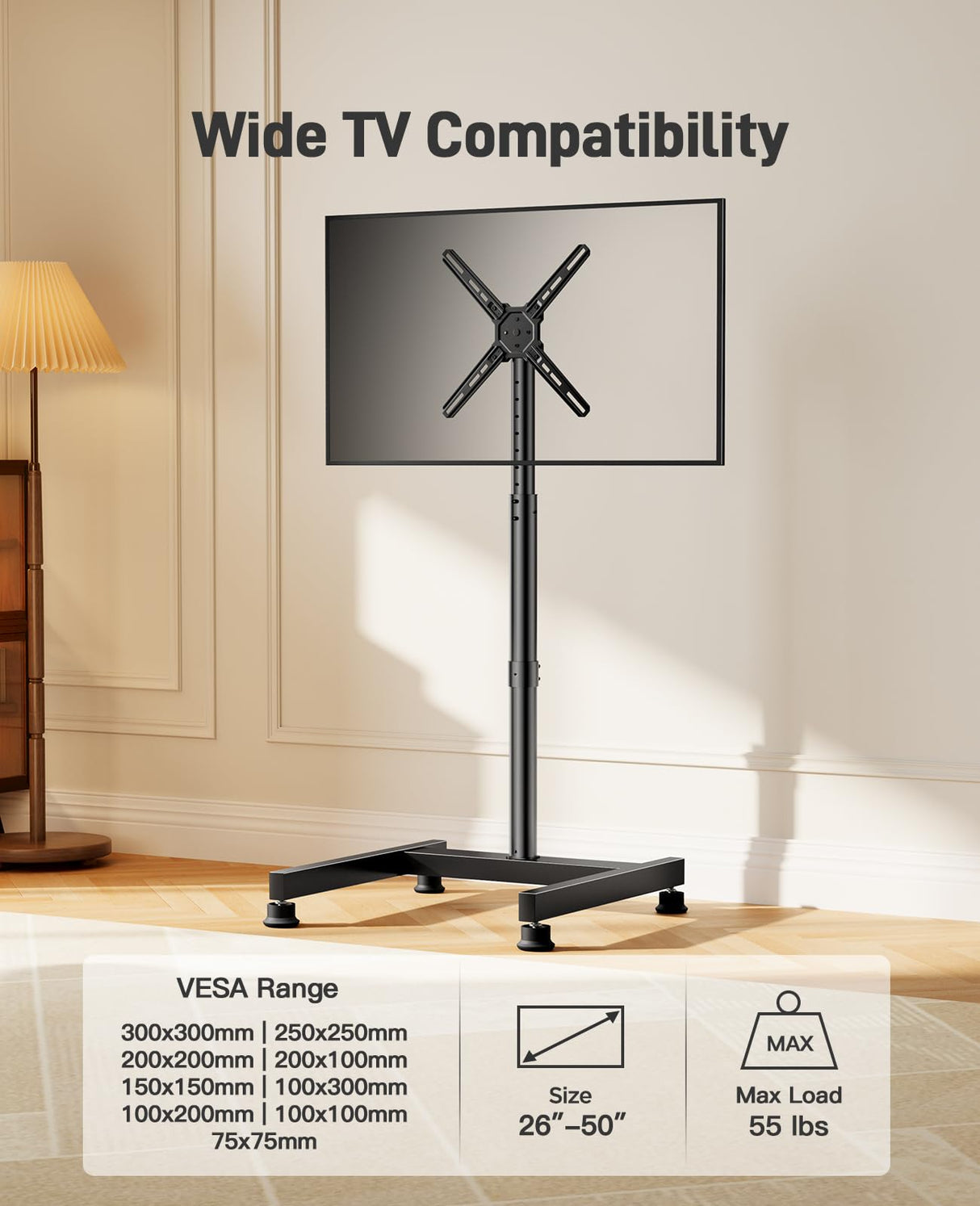 Perlegear Floor TV Stand with Mount for 26-50 inch TVs up to 55 lbs, TV Floor Stand with Rotation, Tilt, Level, Height Adjustable TV Stand for Bedroom/Living Room, Max VESA 300x300mm, PGFS12 Perlegear
