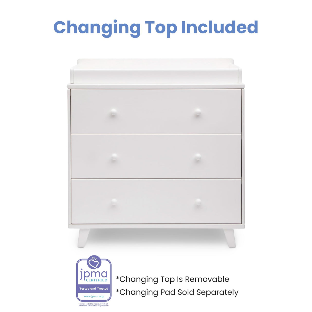 Delta Children Ava 3 Drawer Dresser with Changing Top and Interlocking Drawers - Greenguard Gold Certified, White Delta Children