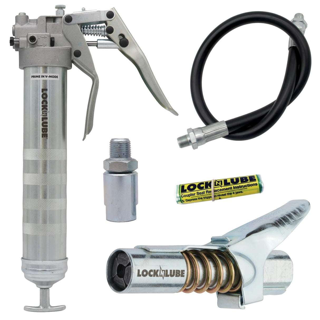 LockNLube Professional Dual-Mode Pistol Grip Grease Gun. Includes LockNLube® Grease Coupler, high-quality 20" hose and in-line hose swivel. LockNLube