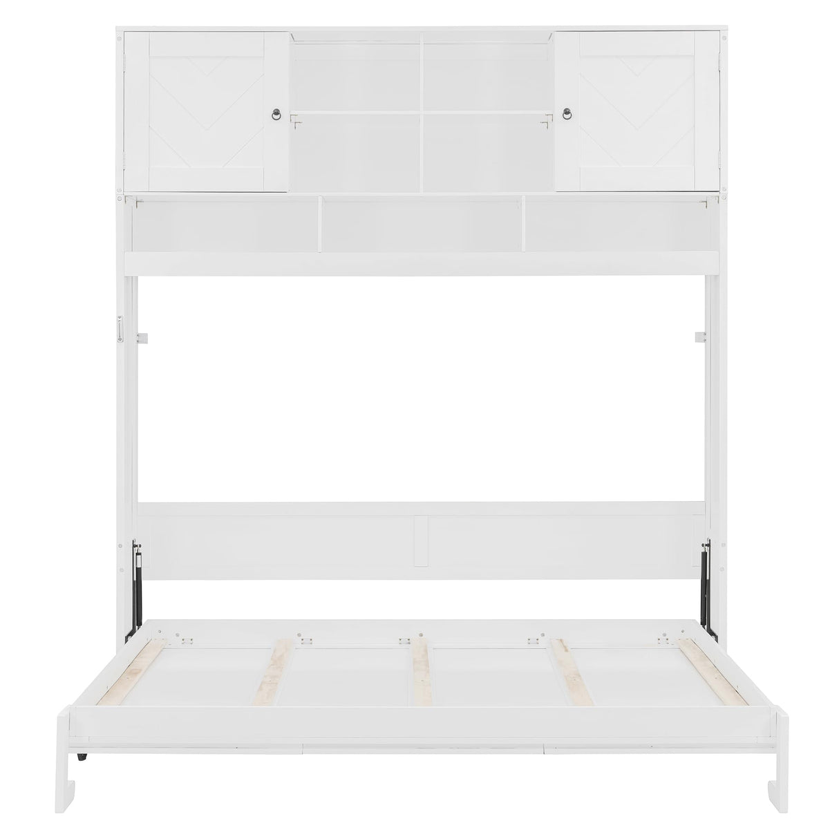Merax Queen Size Murphy Bed Wall Bed with Top Cabinets and Shelves, Space-Saving Design Foldable Platform Bed Frame, Multifunctional Bed for Bedroom, Guest Room, Home Office, White (Chevron Stripes) Merax