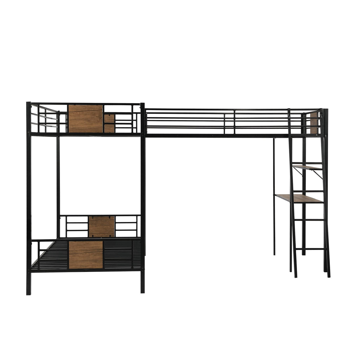 Merax Metal L-Shaped Twin Over Twin Bunk Bed with a Twin-Size Loft Bed Attached, Triple Bunk Bed with Desk and Shelf for Teens, Adults, Black and Brown Wood Merax