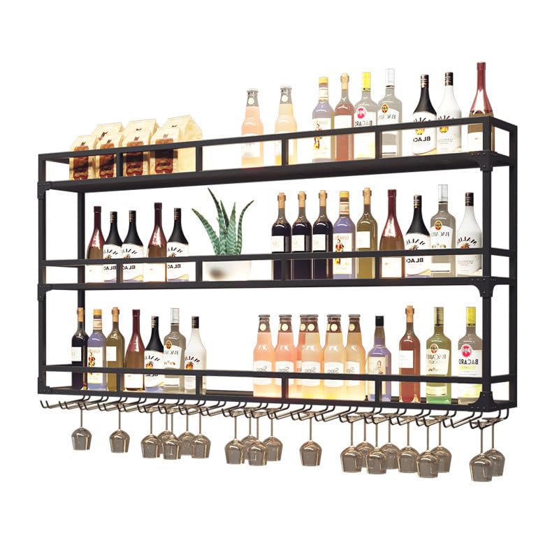 Large Heavy Duty 59in Wine Rack with LED Wall Mounted Bottle Glass Holder Under Shelf, 3-Tiers Liquor Floating Shelves Display Storage Organizer Hanging Long Stemware Goblet Metal for Home Bar GWLQRTXV