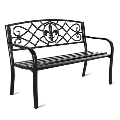 JMGJOY Classic Wrought Iron Outdoor Bench, Metal Weatherproof Garden Bench with Ergonomic Backrest and Armrests, for Patio, Porch, Park, Lawn