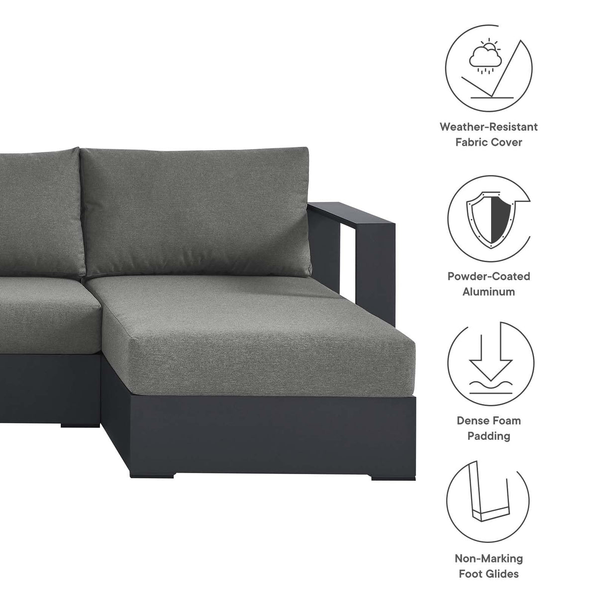 Modway Tahoe Aluminum 4-Piece Outdoor Patio Furniture Gray Charcoal, Modular Sectional Sofa Set with Chaise Lounges, Weather-Resistant Cushion, Ideal for Deck, Backyard, Poolside Modway