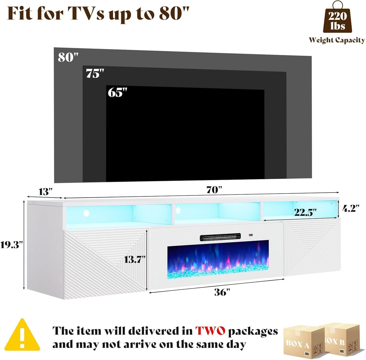AMERLIFE 70in Floating Fireplace TV Stand with 36" Electric Fireplace and LED Lights, Wall Mounted Entertainment Center with Storage, Modern Media Console for TVs Up to 80", White AMERLIFE