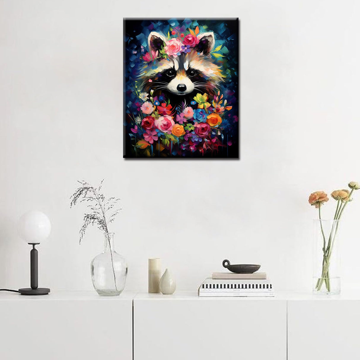 Tucocoo Raccoon Flowers Paint by Number for Adults Beginner, DIY Oil Painting Kits on Canvas with Brushes and Acrylic Pigment, Abstract Floral Cute Animal Picture for Home Decor 16x20inch (Frameless) Tucocoo