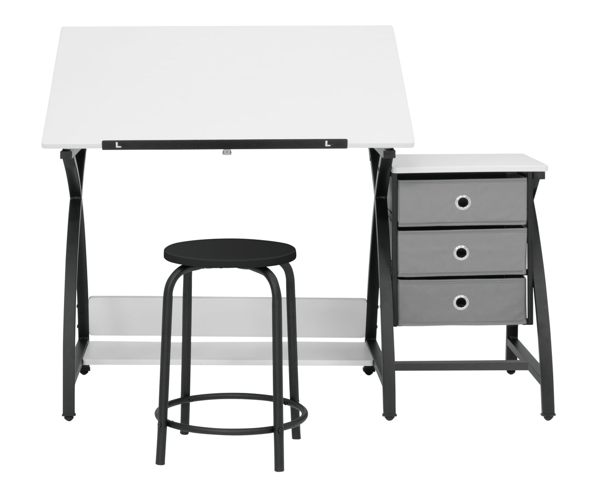 SD STUDIO DESIGNS 2 Piece Comet Center Plus, Craft Table and Matching Stool Set with Storage and Adjustable Top, Black/White, 50x23.75x29.5 inches SD STUDIO DESIGNS