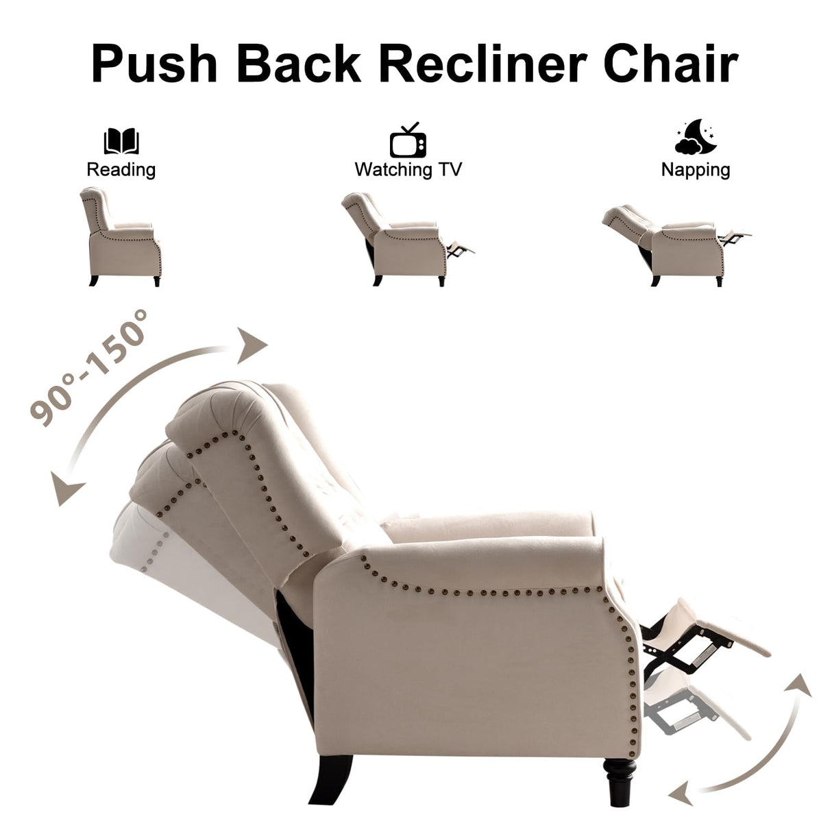 EBELLO Pushback Recliner Chair, Fabric Armchair Push Back Recliner with Rivet Decoration, Mid Century Wingback Accent Chair for Living Room, Bedroom, Beige EBELLO