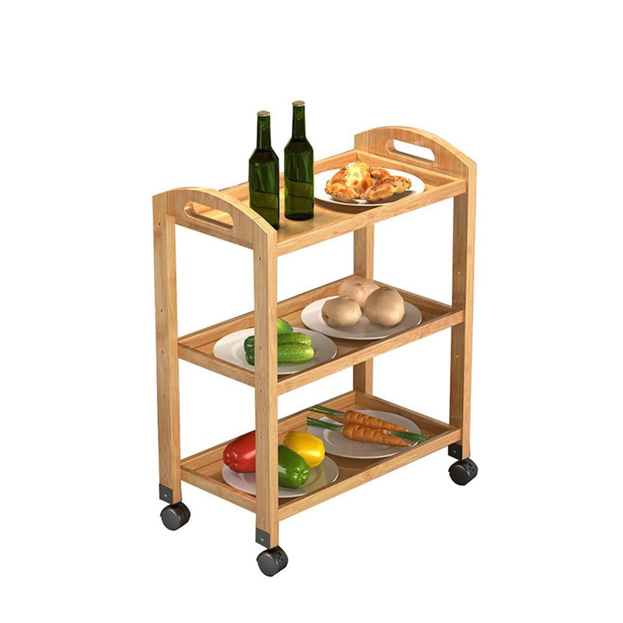 Baoz 3-Tier Bamboo Rolling Cart Kitchen Serving Cart Organizer Storage Rack Utility Mobile Trolley with Lockable Wheels for Home Bar Living Dining Room Baoz