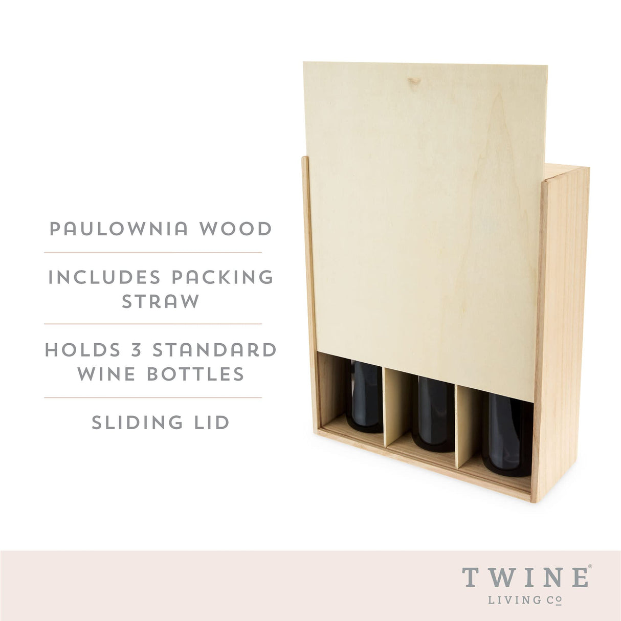 Twine Paulownia Wood Wine Large Gift Box, Festive Wine Wooden Box, Wine Boxes for Gifts, Wood Box, Wine Bottle Gift Box, Wine Storage, Wine Bottle Box, Wine Accessories, Fits 3 Standard Wine Bottles Twine