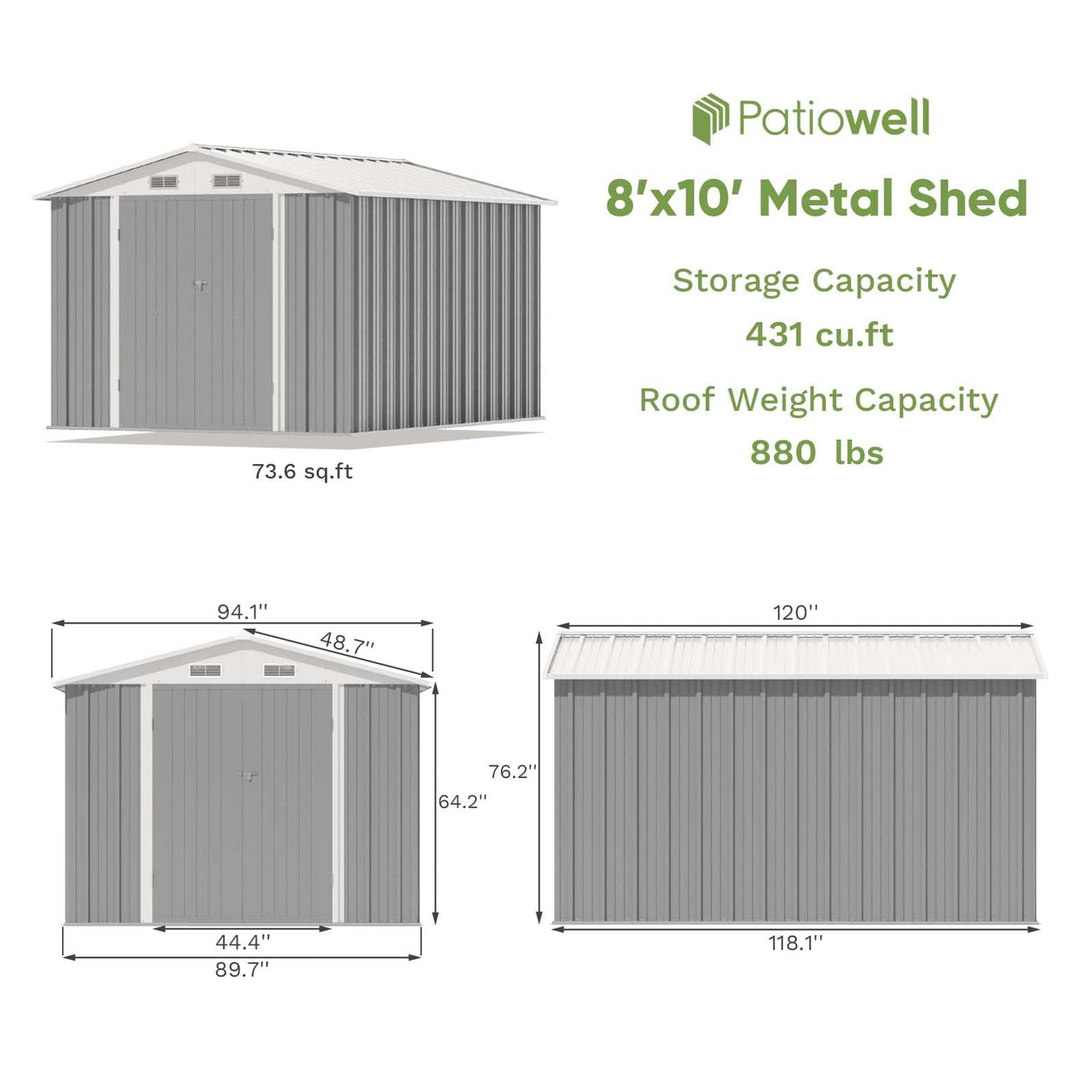 Patiowell 8x10 FT Outdoor Storage Shed, Large Garden Tool Metal Shed with Sloping Roof and Double Lockable Door, Outdoor Sheds for Backyard Garden Patio Lawn,Grey Patiowell
