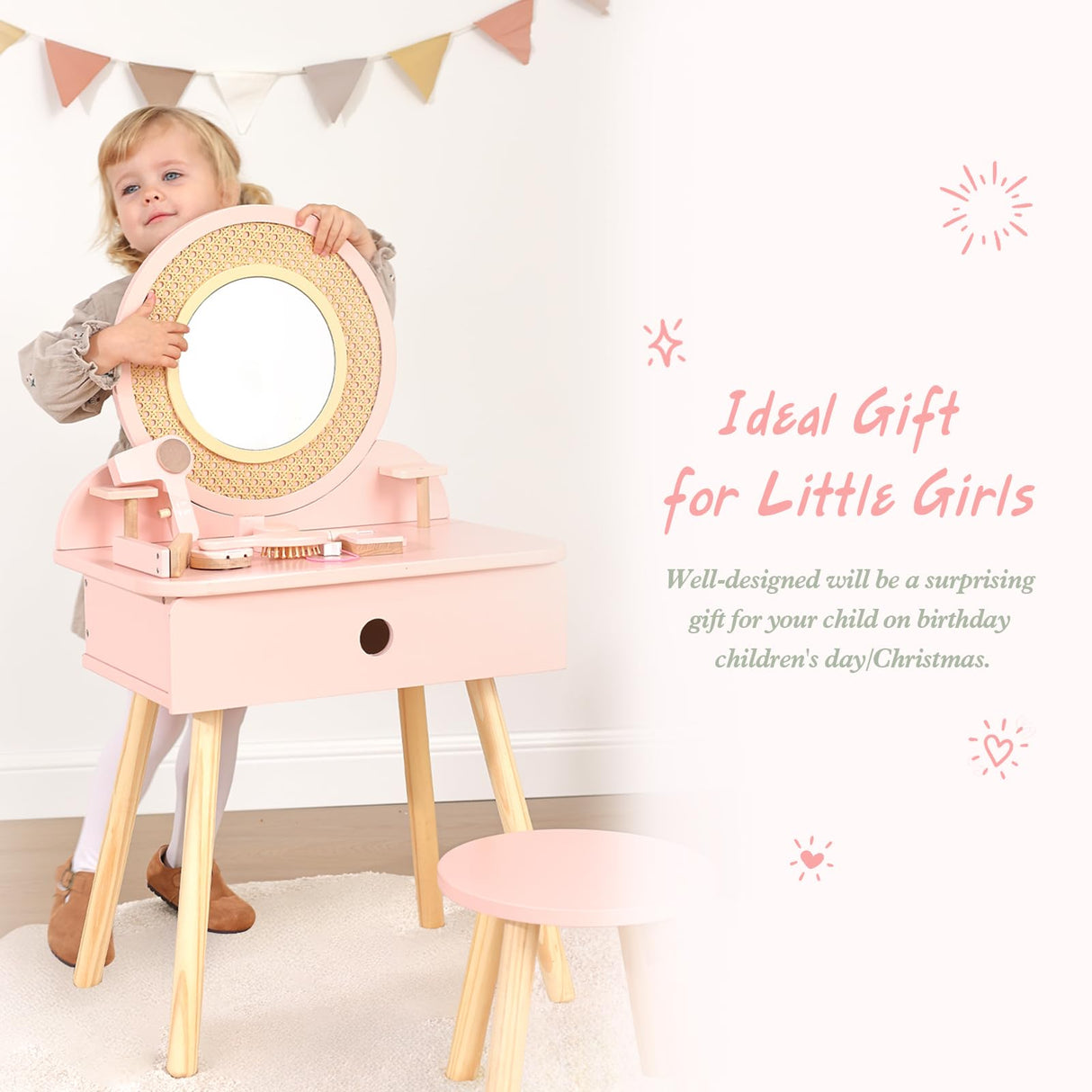 OOOK Kids Vanity Table and Chair Set, Pink Girls Vanity with 11 Pcs Accessories, Enough for Real and Pretend Makeup, Toddler Vanity for 3 Year Old and Up as Ideal Gift OOOK