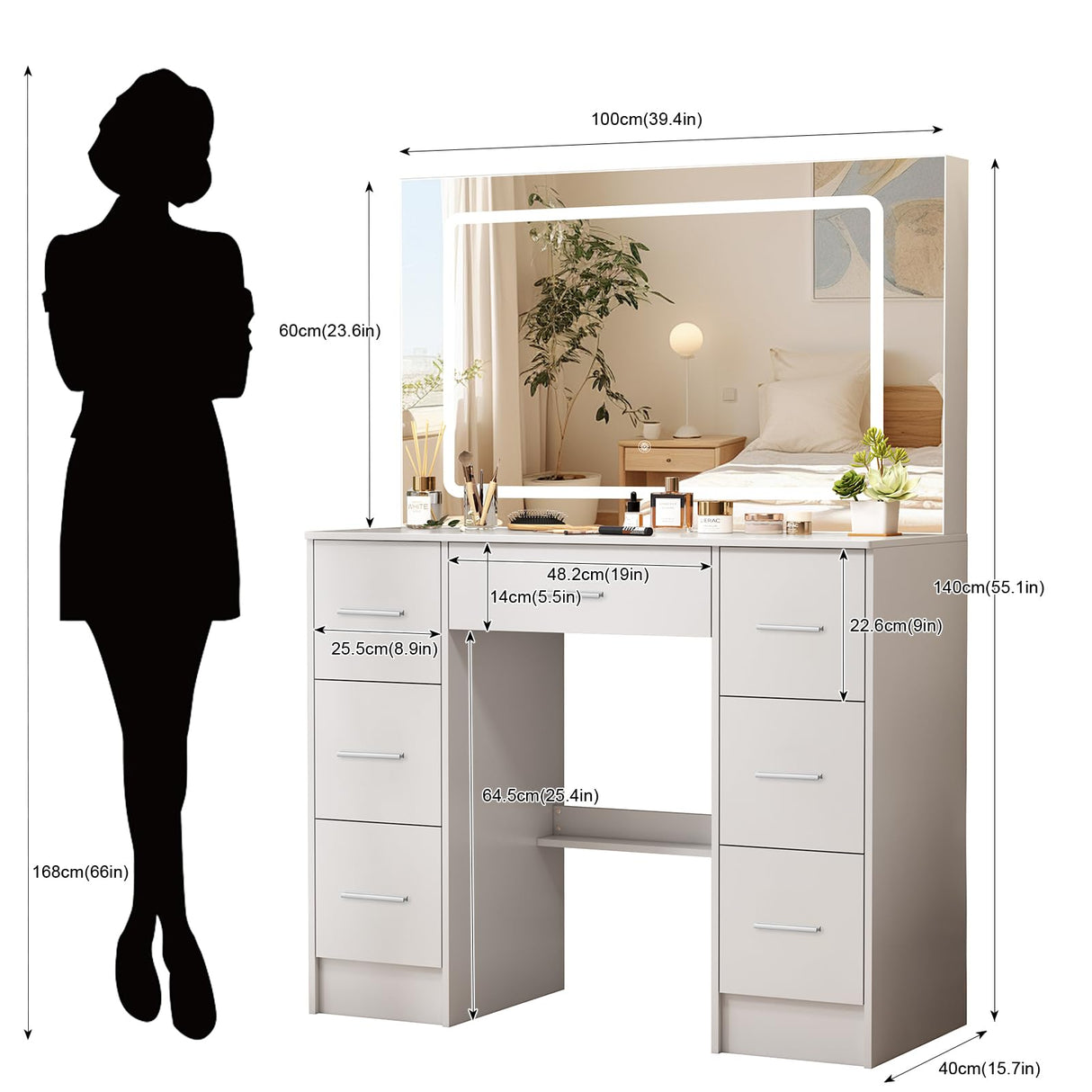 Vanity Desk with Mirror and LED Lights, 40" W Makeup Vanity Desk with 7 Drawers and Super Large Mirror, Derssing Table with 3 Color Modes and Adjustable Brightness, Modern Makeup Table Koestem