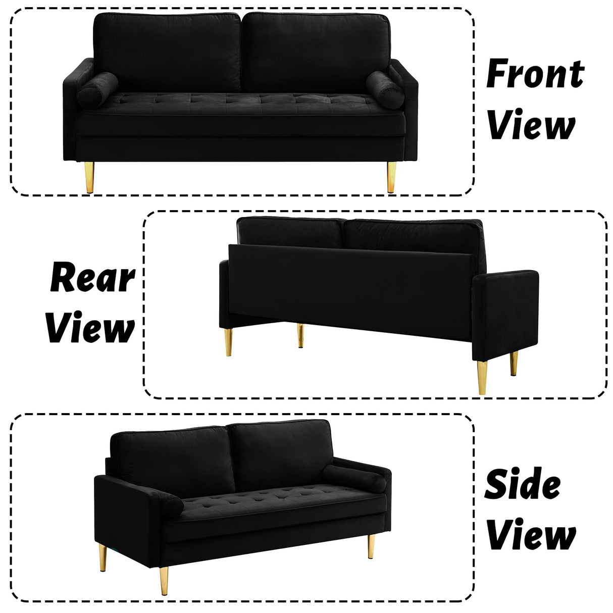 Thctvous 65" Loveseat Sofa with 2 Pillows, Comfy Love Seat Cuches with Gold Legs,Velvet Small Couchs for Living Room Bedroom Office Apartment,Mid Century Modern Couch (Black) Thctvous