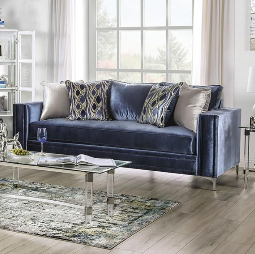 MASARA Contemporary Satin Blue Microfiber Sofa, 96 inch with Chrome Legs, Track Arms, Silver Accent Pillows MASARA