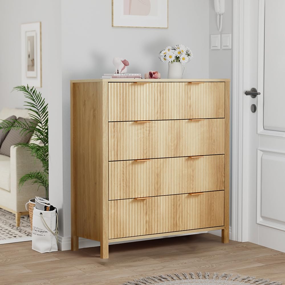 affeivul Mid Century Modern Dresser, 4 Drawer Dresser for Bedroom Wood, Boho Wooden Storage Cabinet Side Table with Solid Wood Legs, Tall Skinny Dresser for Closet, Living Room (Natural) affeivul