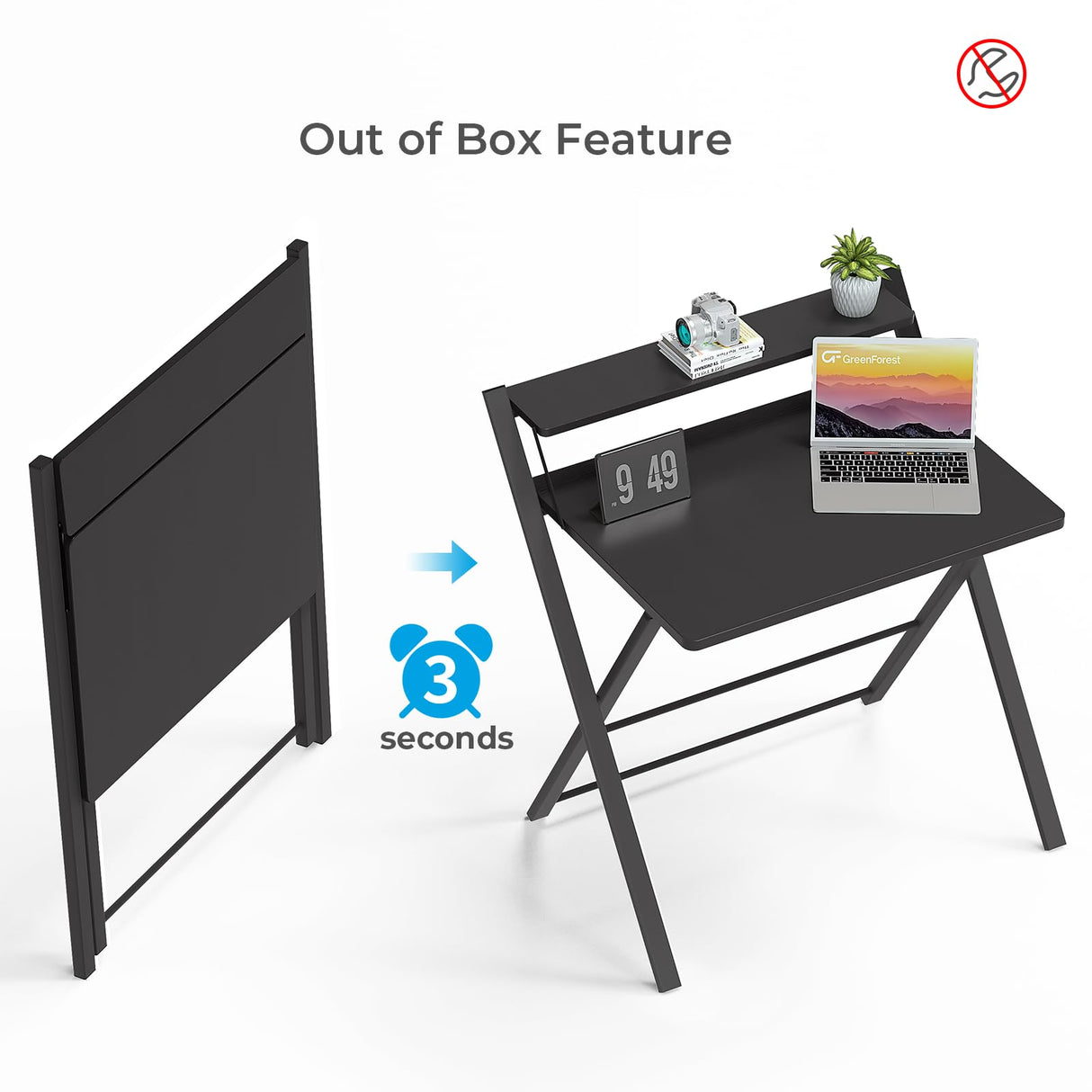 GreenForest Folding Desk No Assembly Required Small Size, 2-Tier Foldable Computer Desk with Shelf for Home Office, Space Saving Portable Laptop Study Foldable Table for Small Spaces, Black GreenForest