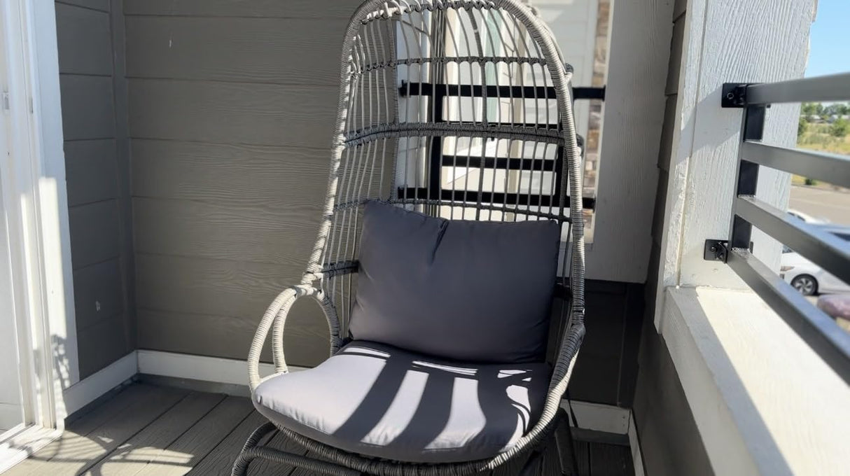 YITAHOME Outdoor Narrow Egg Chair Wicker, Patio Rattan Basket Chair with 370lbs Capacity Indoor Egg Chairs with Stand & Cushion Cocoon Chair for Bedroom, Patio, Balcony - Grey YITAHOME