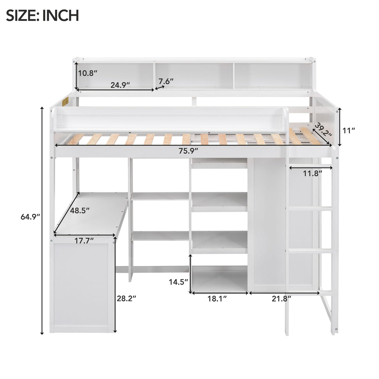SOFTSEA Twin Loft Bed with Desk, Wardrobe, and Bookcase in White for Space-Saving Style SOFTSEA
