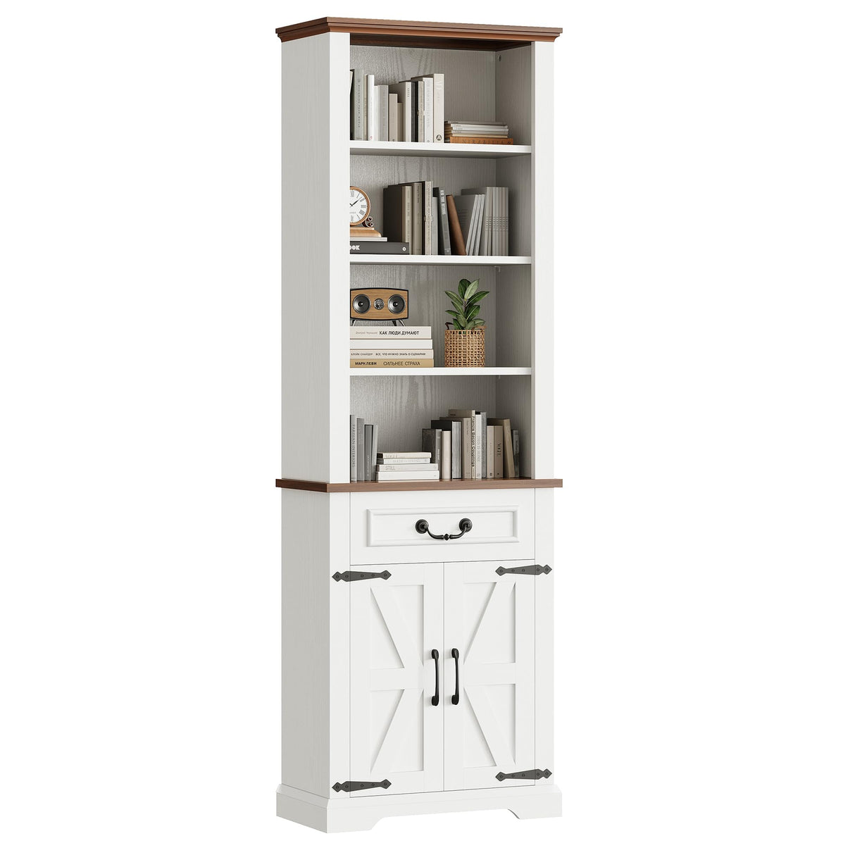 IRONCK Bookshelf with Storage Cabinet, 72" Tall Farmhouse Bookcase with Adjustable Shelves and Drawer, 4 Tier Open Shelf Bookcase with LED Lights for Home Office, Living Room, White/Walnut IRONCK