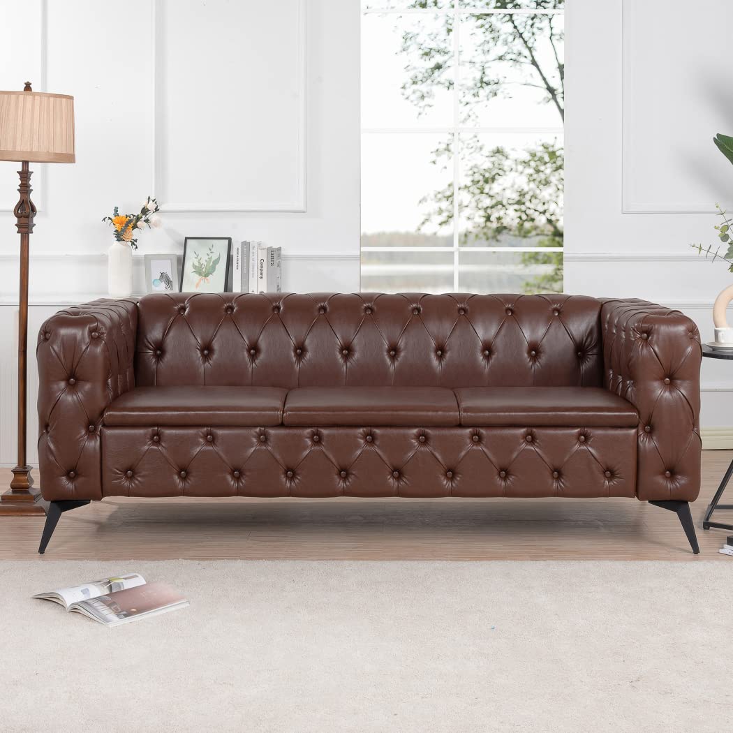 84" Chesterfield Couch PU Leather, Traditional Square Arm Removable Cushion 3 Seater Sofa, Tufted Button Trim with Iron Legs for Living Room Office (Dark Brown) Yuxuanhang