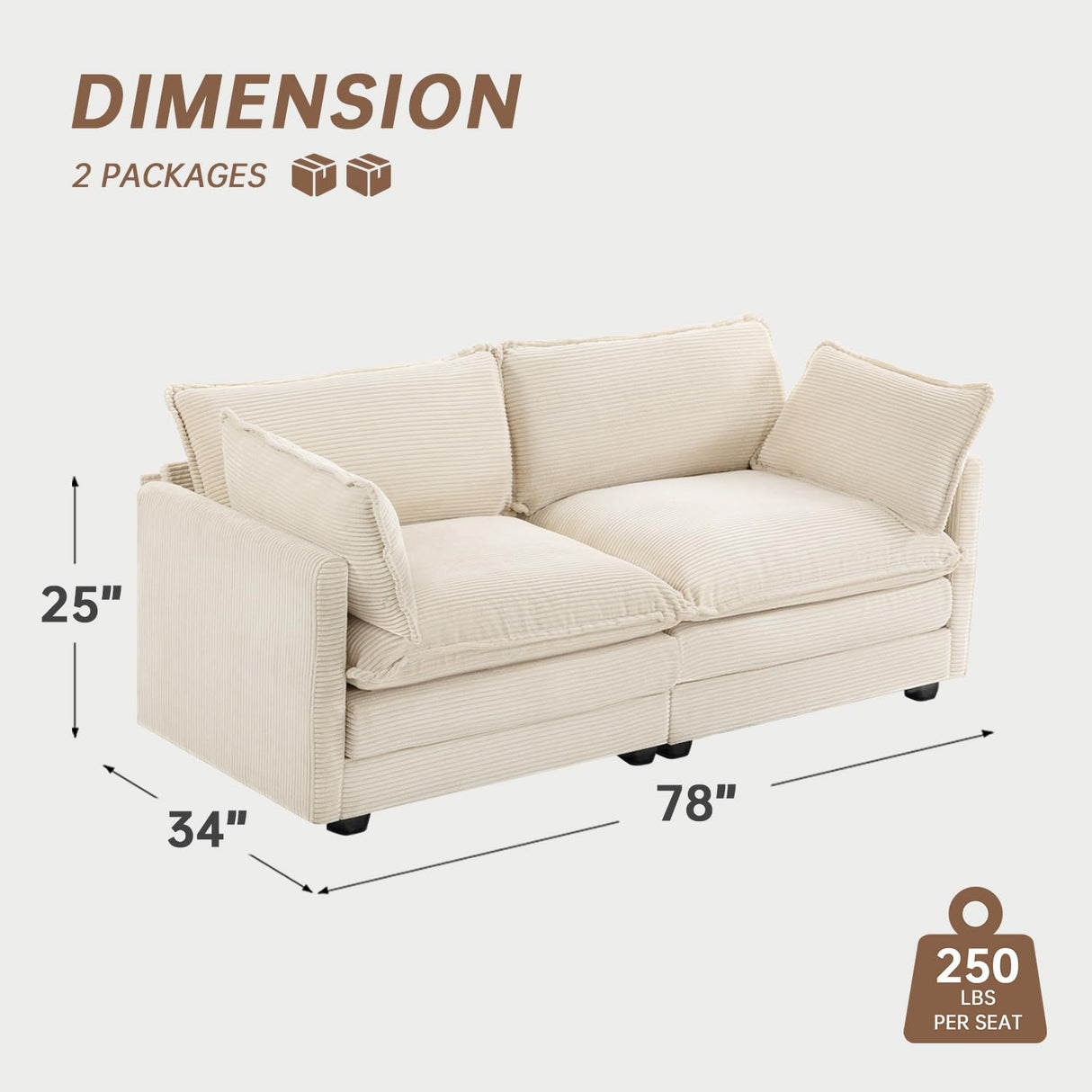 ROWHY 78'' Sectional 2 Seat Cloud Loveseat with 2 Throw Pillows, Modern Corduroy Love Seat, Cozy Sofa for Living Room, Office and Bedroom, Beige ROWHY