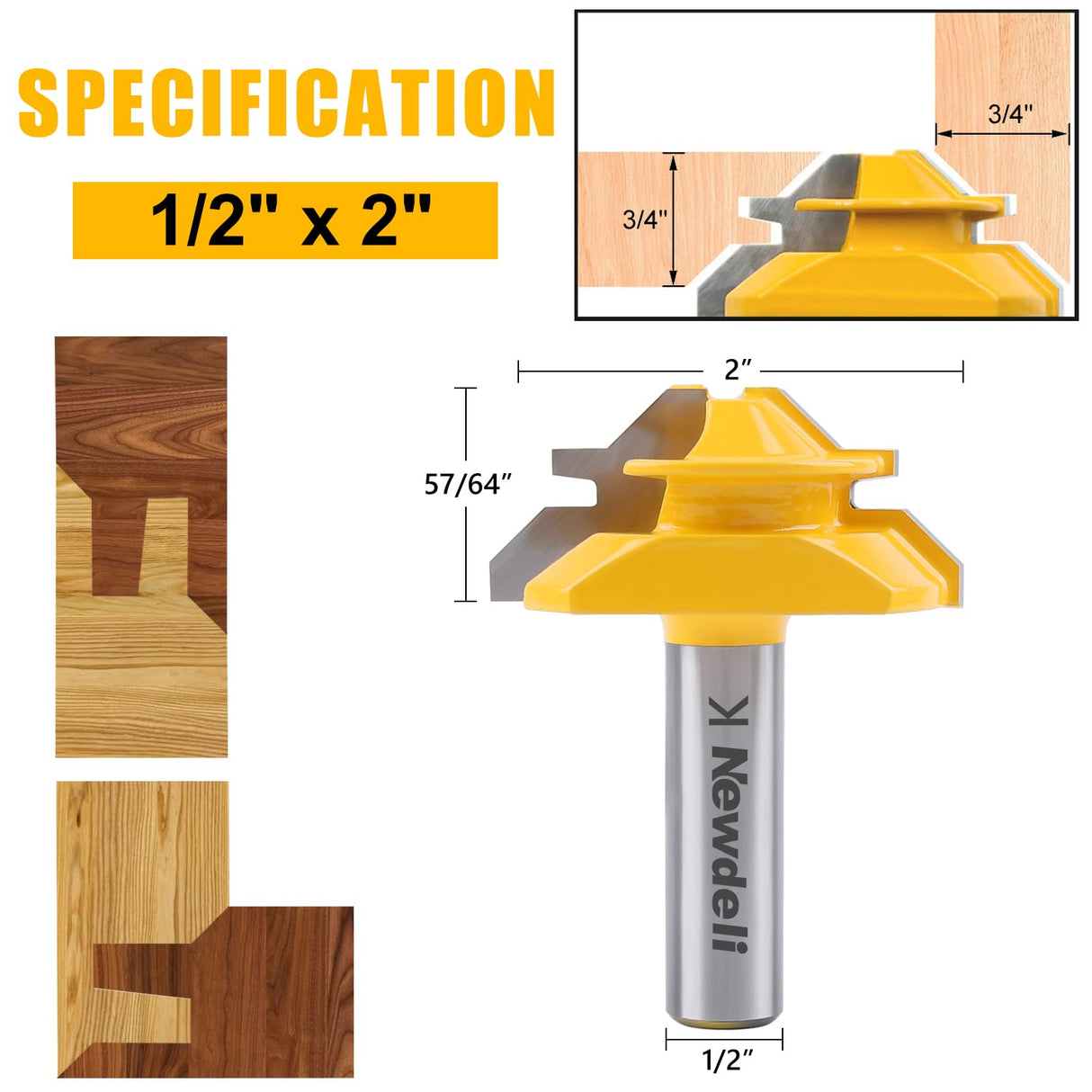 Newdeli 3PCS 45 Degree Lock Miter Router Bit Set 1/2 Inch Shank for 1/2”, 3/4", 1" Cutting Height Joint Router Bits for Creating Lock Miter Joint Newdeli