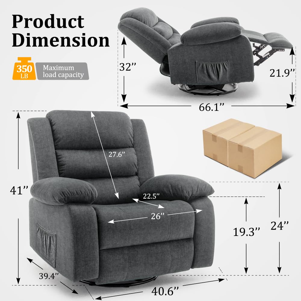 Korser Recliner Chair, Wide Rocker Chair, Rocking Chair with Massage and Heat,360°Swivel Nursery Rocking Chairs, Oversized Recliner for Adults, Cashmere Reclining Sofa for Living Room, Grey Korser