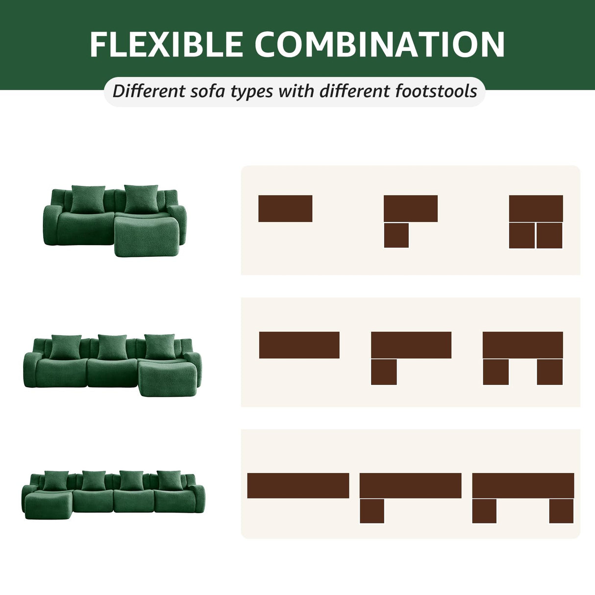 Green Modular Cloud Couch Loveseat with 1 Ottoman, Teddy Fabric Boneless Sectional Sofa in a Box, Comfortable Floor Sofa for Living Room, No Assembly Required, Sofas para Sala ODUSE-DAILY