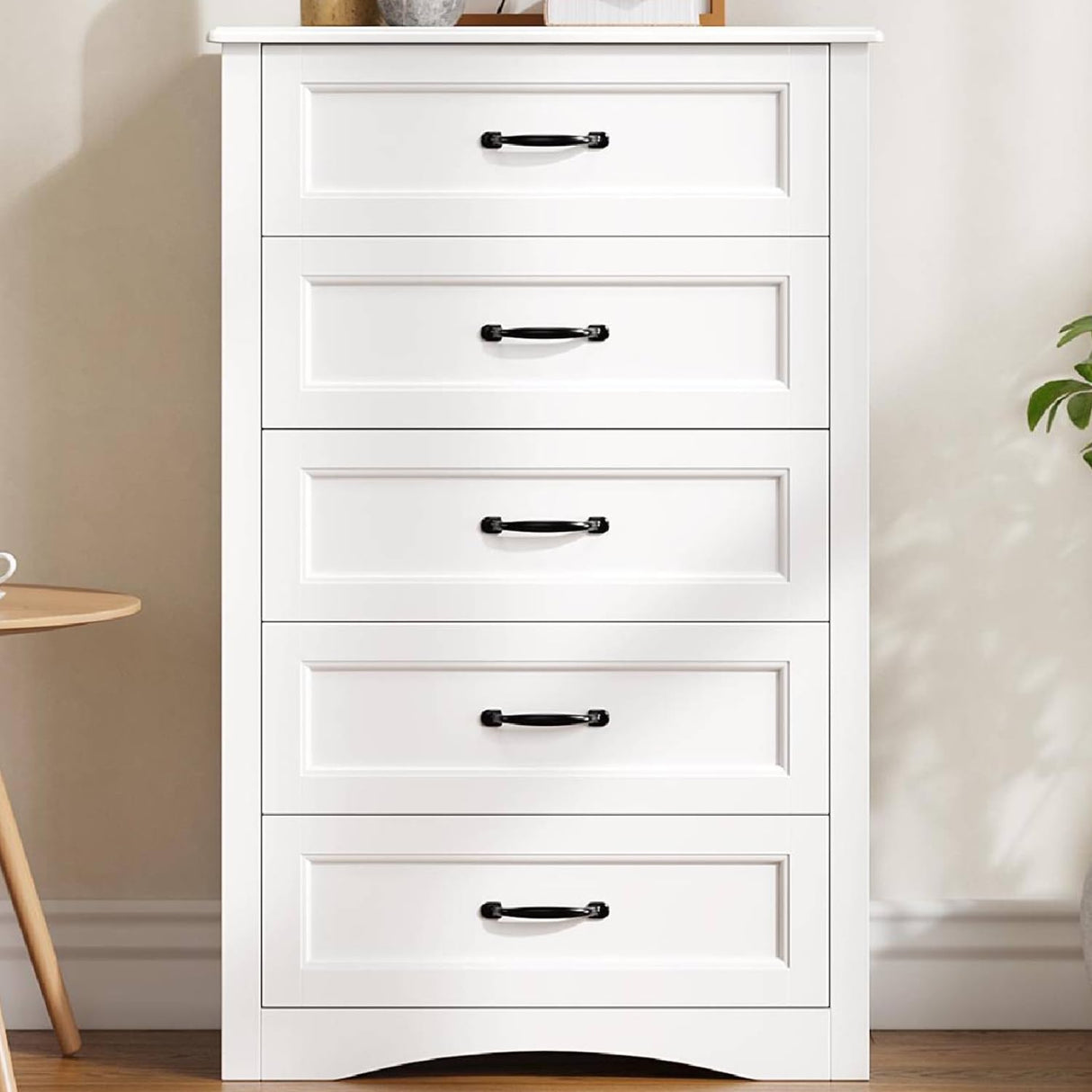 Gizoon 5 Drawer Dresser, White Wood Chest of Drawers for Bedroom, 43.3" Large Capacity Storage Cabinet with Anti-Tip Device, for Clothes, Living Room, Hallway, Office Gizoon