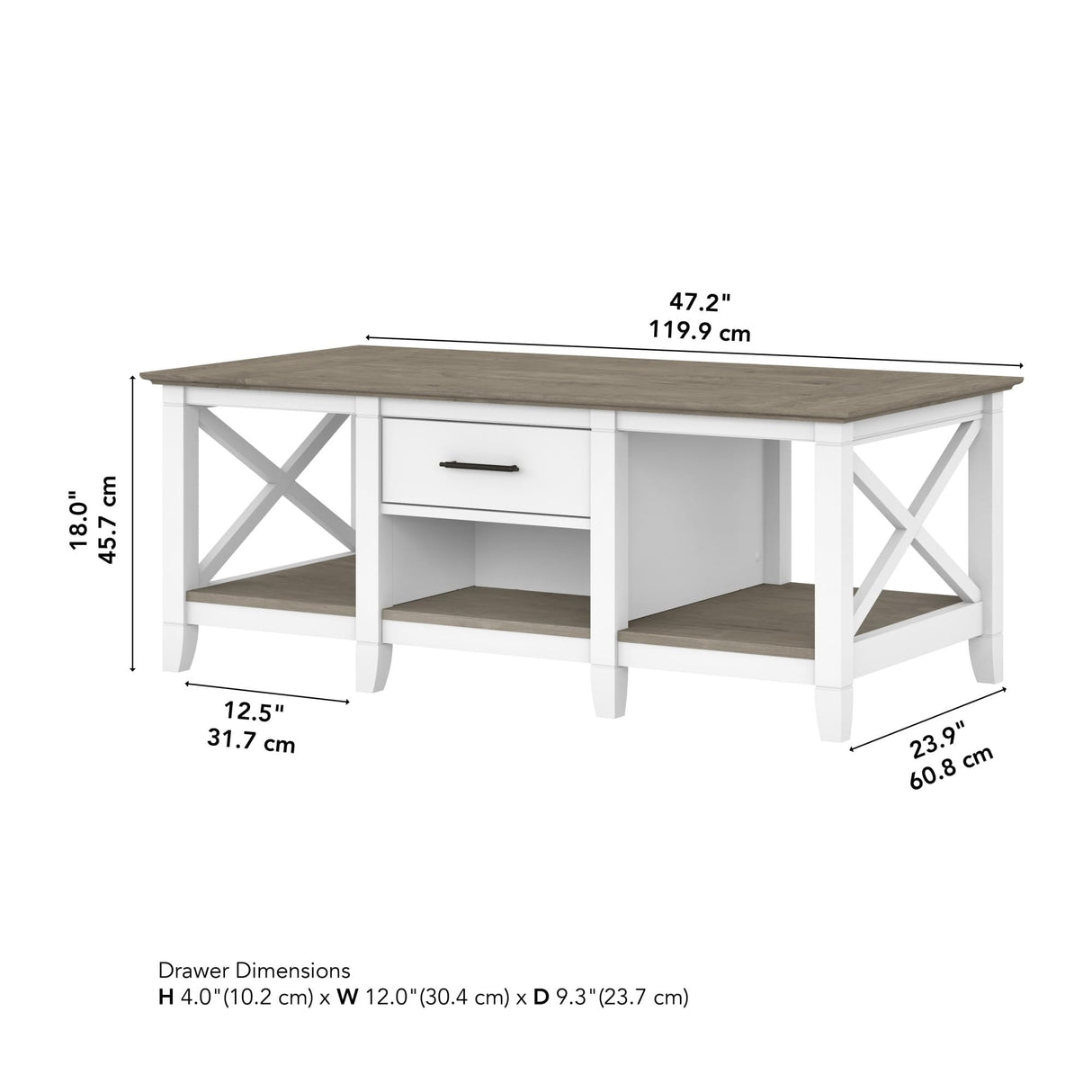Key West 47.2 x 23.94-Inch Coffee Table, Shiplap Gray/Pure White Bush Business Furniture
