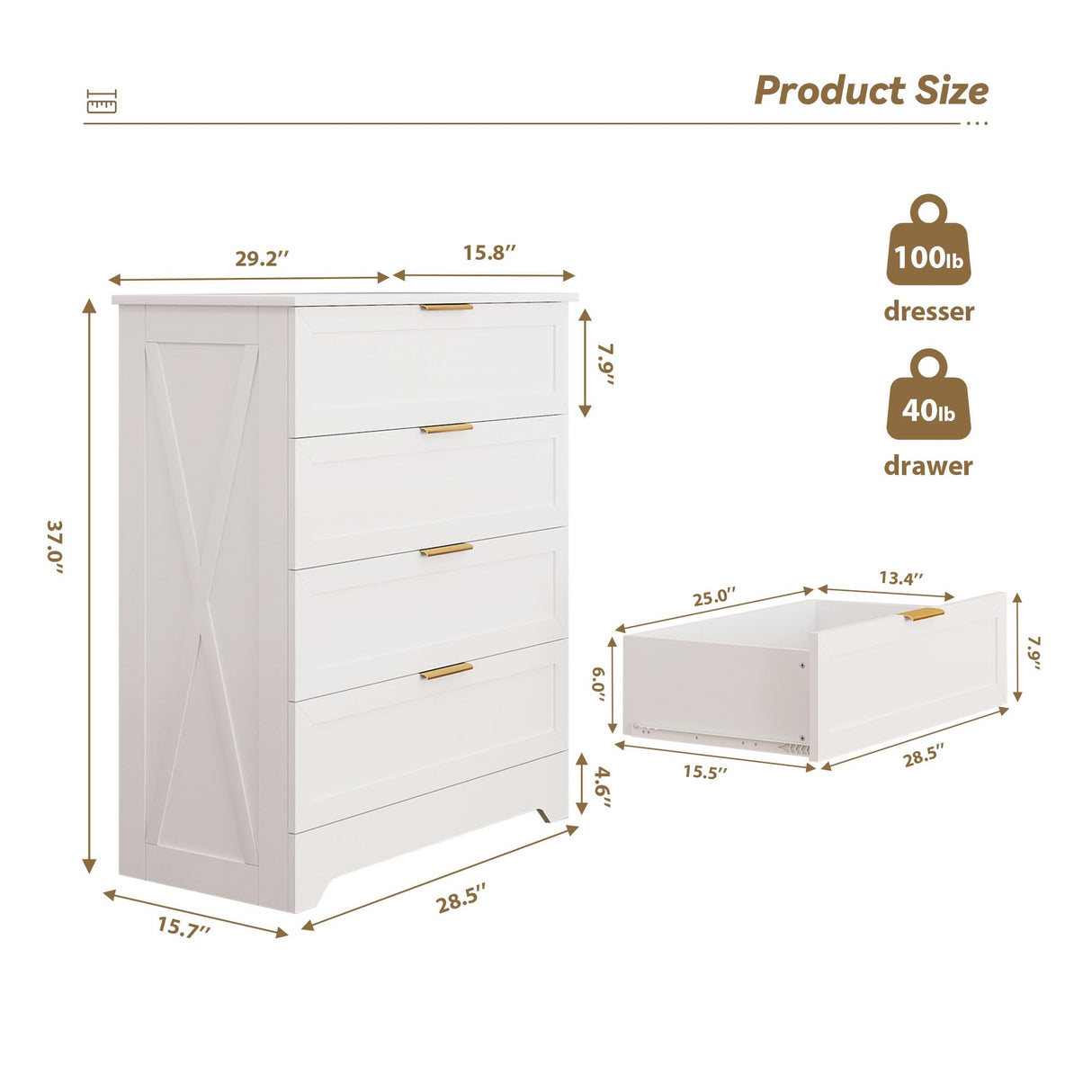 FTZxHKLX White 4 Drawer Dresser for Bedroom, Tall Bedroom Dresser with Large Drawer & Golden Handles, Wooden Storage Organizer Cabinet Chest of Drawer for Closet, Living Room, Hallway, Children's Room FTZxHKLX