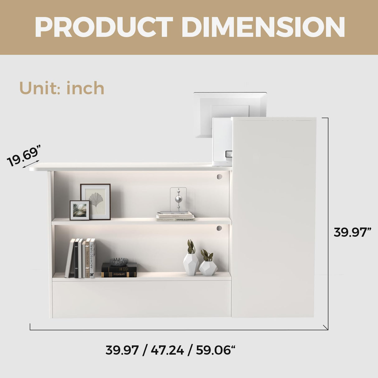 Anzhap Reception Desk with Counter - Front Desk Reception Counter with Hidden Cable Management, Lockable Drawer and Storage Cabinet for Salon,Office,Lobby,Cashier (White+Natural/Right,59"L*19"W*39"H) Anzhap