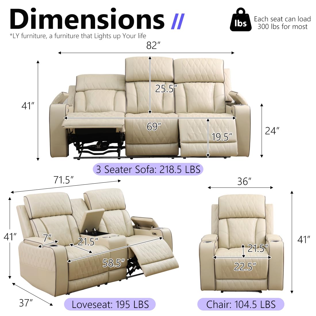 Anthato Power Recliner Sofa Set, Living Room Furniture Sets, Leather Reclining Sofa Set, Recliner Couch Loveseat and Chair with Coffee Table/Cup Holders/Charging Port for Home Theater Seat, Khaki Anthato